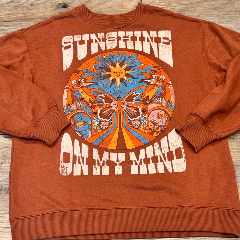 Hollister Sunshine On My Mind Sweatshirt XS BohoY2K Hippie Sun Retro Brown Indie - Picture 3 of 13